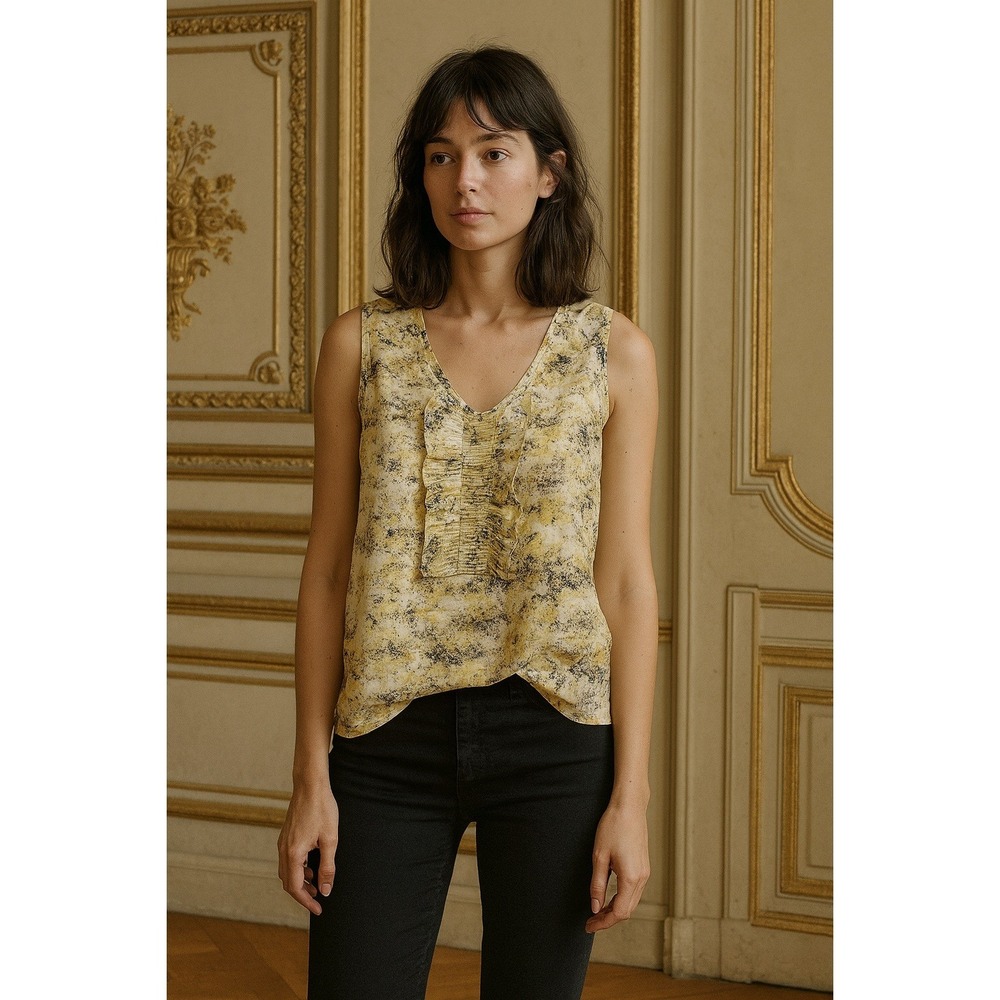 Talbots Sleeveless Top Women's Abstract Print Ruffle Front‎ Blouse
